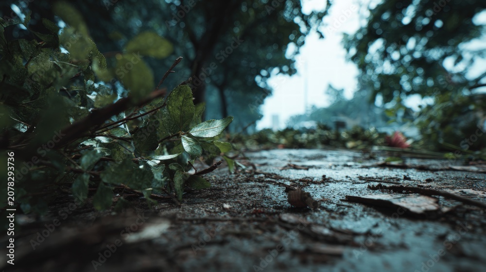 Fototapeta premium Gloomy wet ground with green leaves after rain