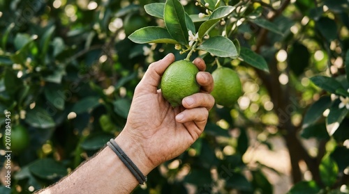 Hand picking fresh green lime from tree in organic orchard for healthy food and natural citrus ingredient concept