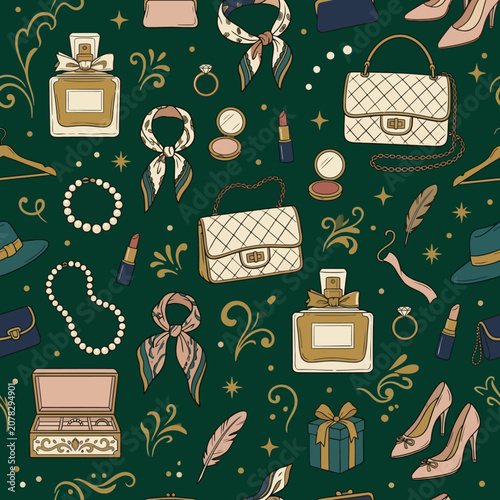 Seamless pattern with fashion accessories and cosmetics on dark green background. EPS Editable. Vector Illustrations.