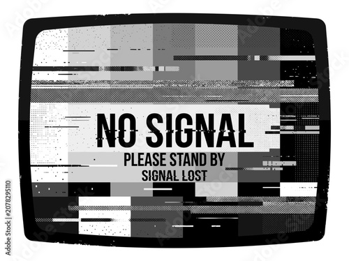 A vintage television screen displays a prominent no signal message indicating a loss of broadcast connection