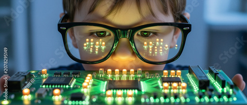 A child wearing glasses intently examines a glowing electronic circuit board in a close-up shot.