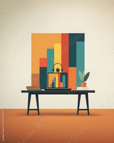 Modern Workspace Visualization with Colorful Abstract Art and Laptop Displaying Data Graphs for Creative Home Office Inspiration