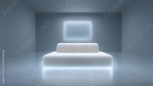 Futuristic Minimalist Interior with Neon Glow Sofa and Abstract Geometric Decor in Monochromatic Setting