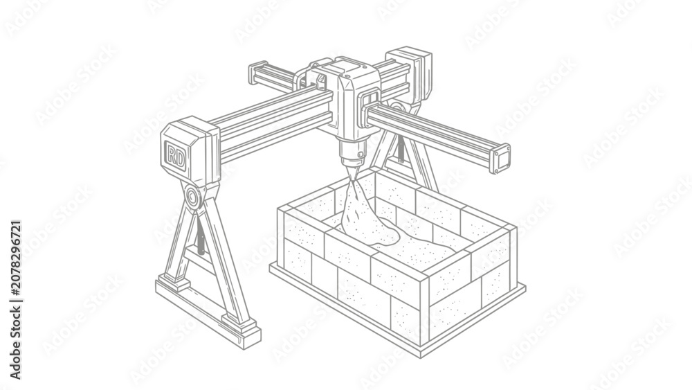 Fototapeta premium Industrial 3D Construction Printer Building House Wall Line Art Illustration