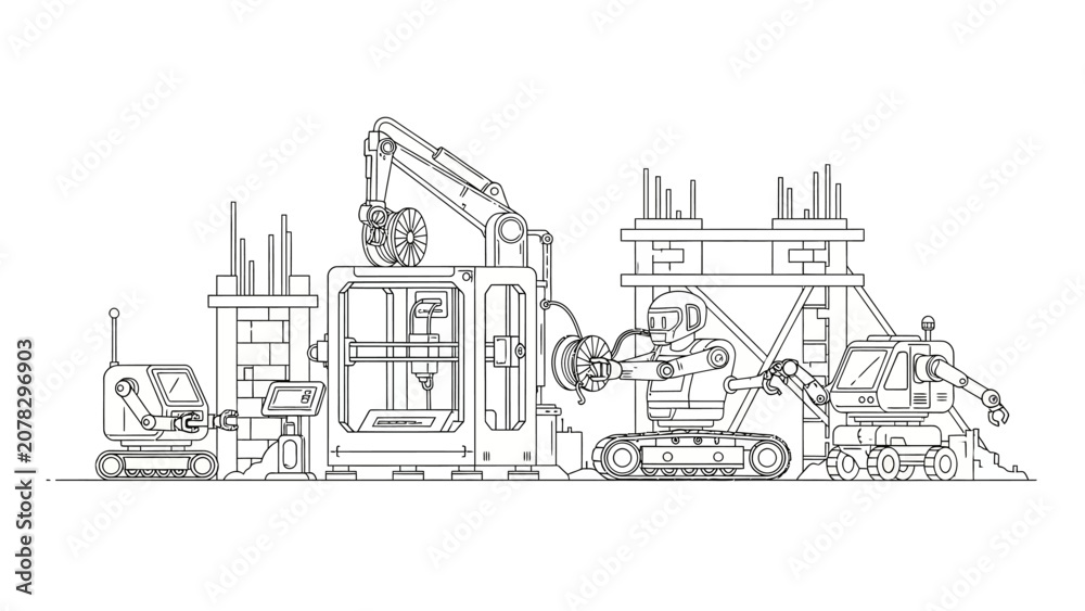 Obraz premium Robotic Construction Site Illustration with Industrial 3D Printer and Automated Machines