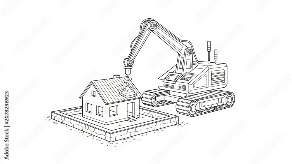 Fototapeta premium Excavator Demolishing House Line Art Illustration