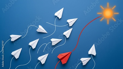 Red Paper Airplane Leading Group Towards Bright Sun Concept for Leadership and Innovation Strategy