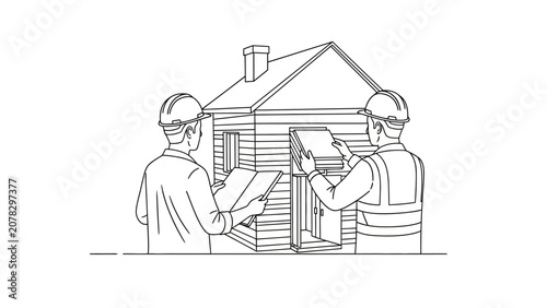 Construction workers building house model line art illustration