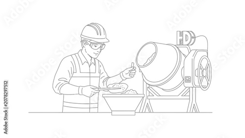 Construction Worker with Concrete Mixer Line Art Illustration