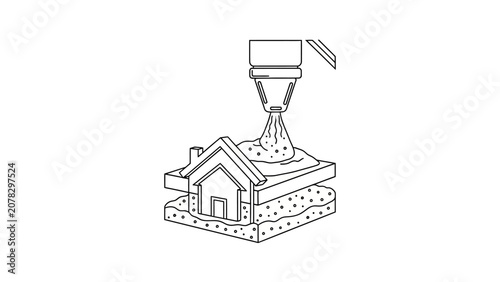 3D printed house construction line art icon representing innovative automated building technology