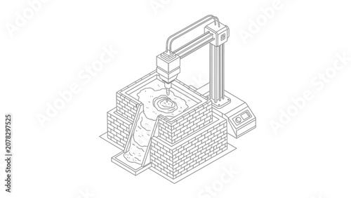 Isometric 3D Construction Printer Line Art Illustration