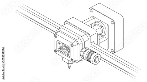 Isometric Line Drawing of 3D Printer Extruder and Hotend Assembly