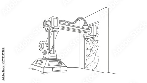 Industrial 3D Concrete Printer Robotic Arm Construction Line Art Illustration