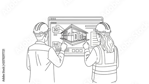 Line Art Engineers Reviewing 3D Building Design on Digital Display