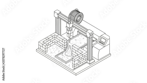 Isometric 3D Construction Printer Line Drawing of Automated Building Machine Printing Concrete Walls