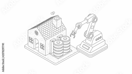 Isometric Robotic Arm Building Smart Home with Energy Storage
