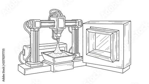 Industrial 3D Printer Line Art Illustration for Additive Manufacturing
