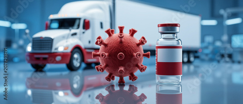 A conceptual image featuring a red virus model, a vaccine vial, and a large white semi-truck in a blurred industrial setting.