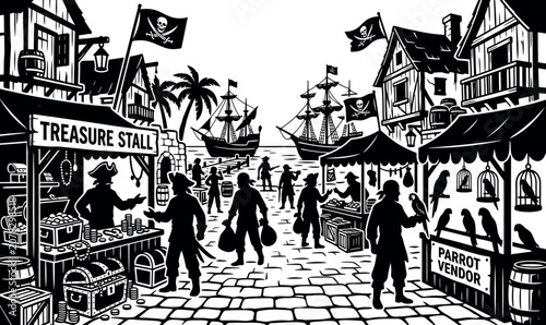 Konstfotografi Bustling Pirate Port Market Vector Illustration Featuring Treasure Stalls, Parrot Vendors, Nautical Ships, Jolly Roger Flags, and Adventurous Silhouettes in a Coastal Village Scene