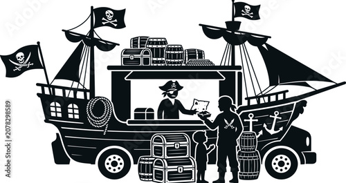 Quadro su tela Pirate Ship Food Truck Vector Illustration Featuring Treasure Chests, Jolly Roger Flags, and Pirate Vendor Serving Customers - Creative Mobile Business Concept Silhouette Graphic Art