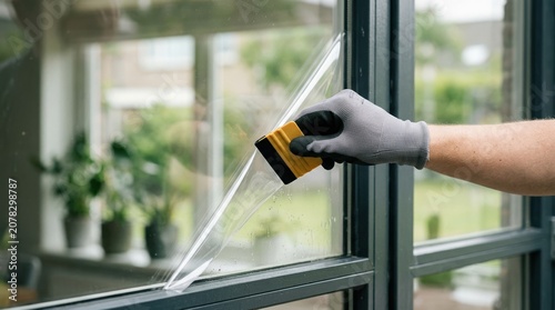 Professional Installer Applying Window Tint Film to Glass Pane with Squeegee for Heat Control and Privacy