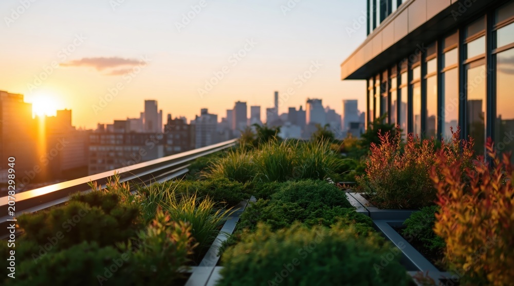 Fototapeta premium Rooftop garden with modern architecture and lush plants overlooking city skyline