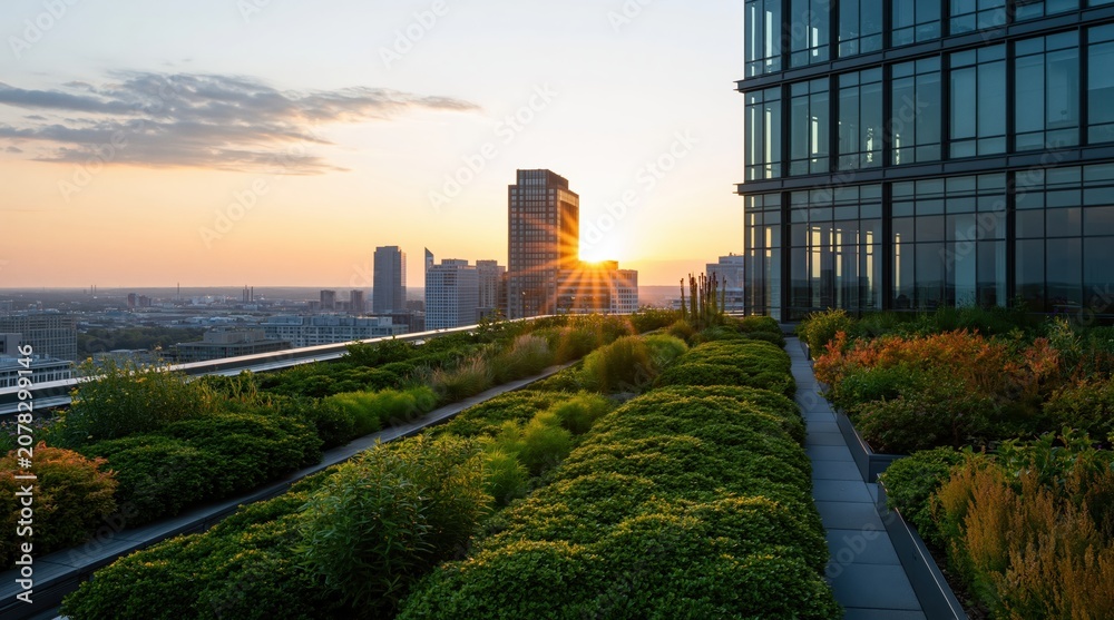 Fototapeta premium Rooftop garden on a modern skyscraper with sustainable architecture at sunset city