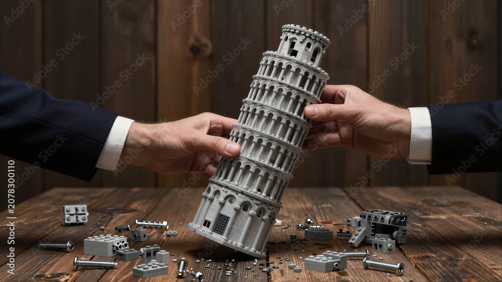 Obraz premium Two hands assemble a tilted Lego Leaning Tower of Pisa on wooden surface.