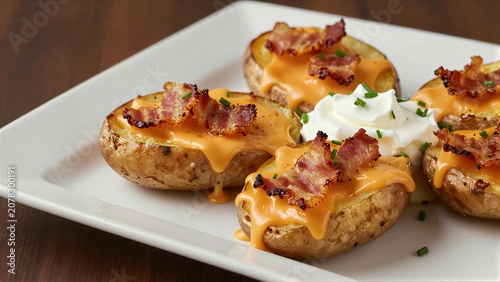 Baked potatoes topped with melted cheese, bacon, and chives on a white plate.