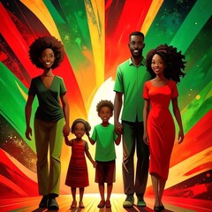  illustration of a happy African American family holding hands against a vibrant red, green, and yellow abstract background, celebrating Juneteenth holiday.