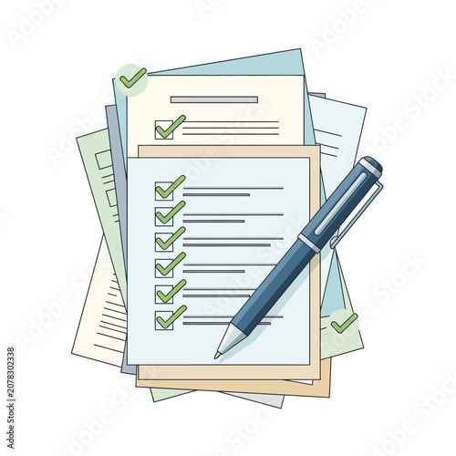 Detailed Vector Illustration of a Stack of Documents with Checkmarks and a Pen, Symbolizing Completed Tasks and Efficient Project Planning