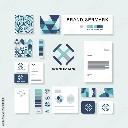 Professional teal geometric corporate branding identity set with marketing stationery and advertising megaphone layout concept