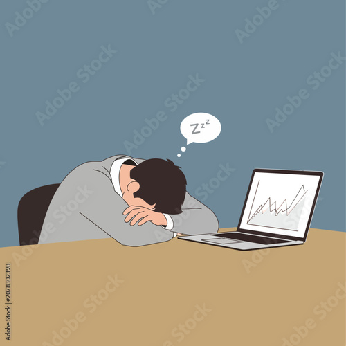 Tired office worker sleeping at desk with laptop displaying business growth chart illustration