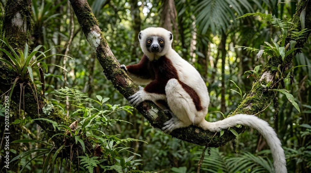 Fototapeta premium Coquerel's sifaka lemur sitting on a mossy tree branch in lush forest