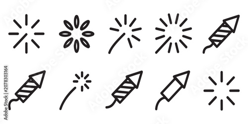 Photos Minimalist firework and holiday rocket outline icons for celebratory events and seasonal party design materials