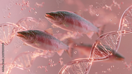 conceptual 3D render of salmon fish swimming among glowing glass DNA helices and molecules on a pink background. PDRN anti-aging skincare and marine biotechnology concept