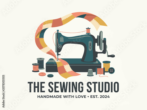 A beautifully illustrated vintage sewing machine surrounded by colorful spools of thread and fabric, representing the artisanal fabric craft and sewing culture.