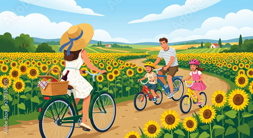 Family, cycling, sunflowers, happy, illustration, vector, colorful, summer, vacation, leisure
