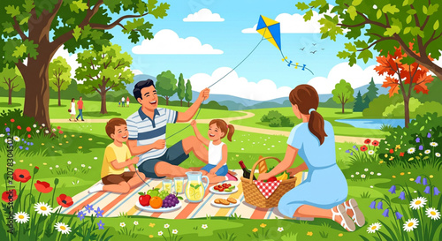 Family, picnic, outdoor, recreation, vector illustration, kite flying, park, green grass, sunny day