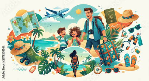 Travel, Vacation, Family, Summer, Holiday, Beach, Vector Icons, 30 Illustrations