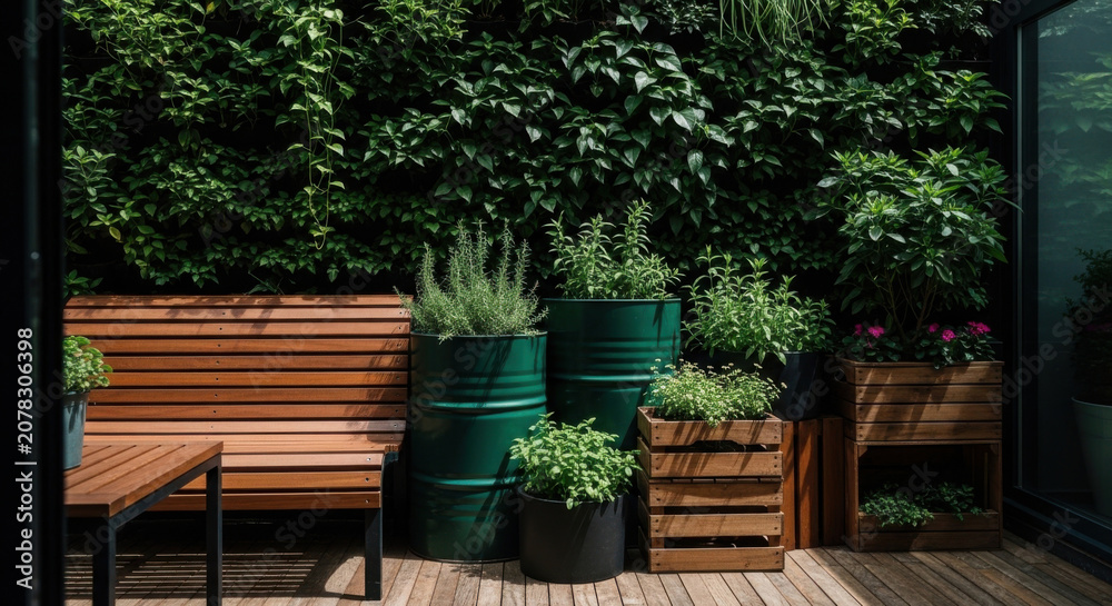 Fototapeta premium Serene Urban Balcony Garden Oasis With Lush Greenery And Seating