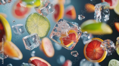 Tropical cocktail ingredients floating in the air, citrus slices, and ice cubes. generative ai
