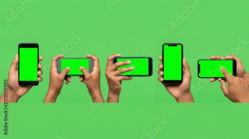 Studio shot of hand shows mobile smartphone with green screen in vertical position isolated on background. Mock up mobile for Infographic Global Business web site design app, - Clipping Path