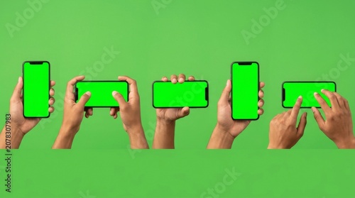 Studio shot of hand shows mobile smartphone with green screen in vertical position isolated on background. Mock up mobile for Infographic Global Business web site design app, - Clipping Path