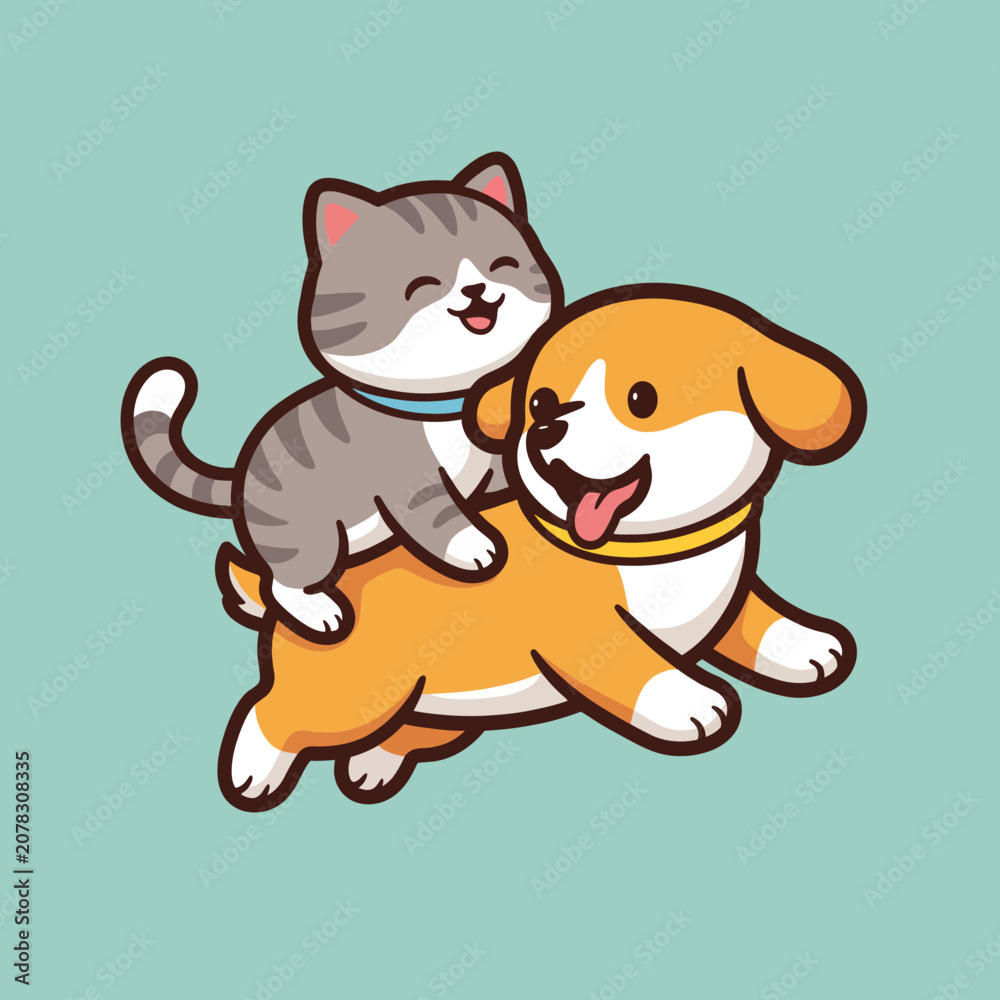 Fototapeta premium This delightful illustration shows a playful cat riding on a cheerful dog, symbolizing friendship and fun between pets in a whimsical and colorful style.