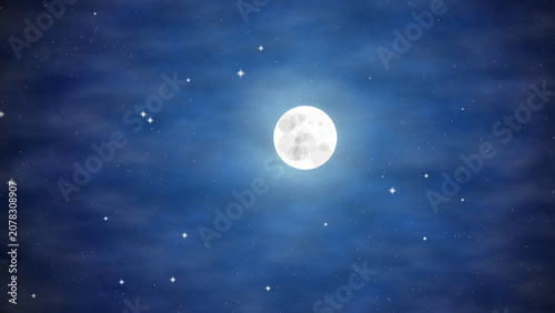 Procedural art of bright full moon and stars in blue night sky