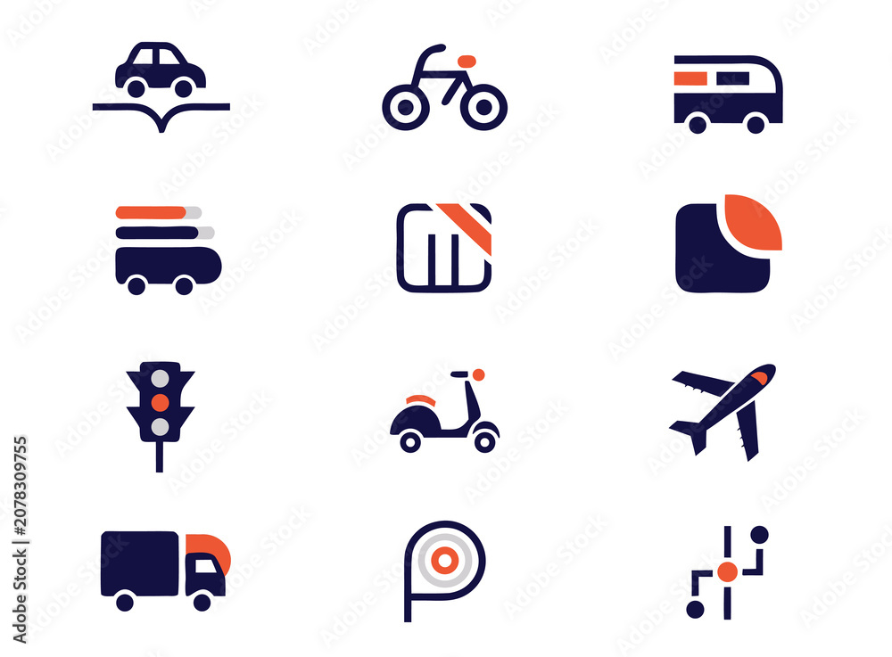 Fototapeta premium Flat Vector Icon Set of Transport and Travel Modes in Minimalist Style