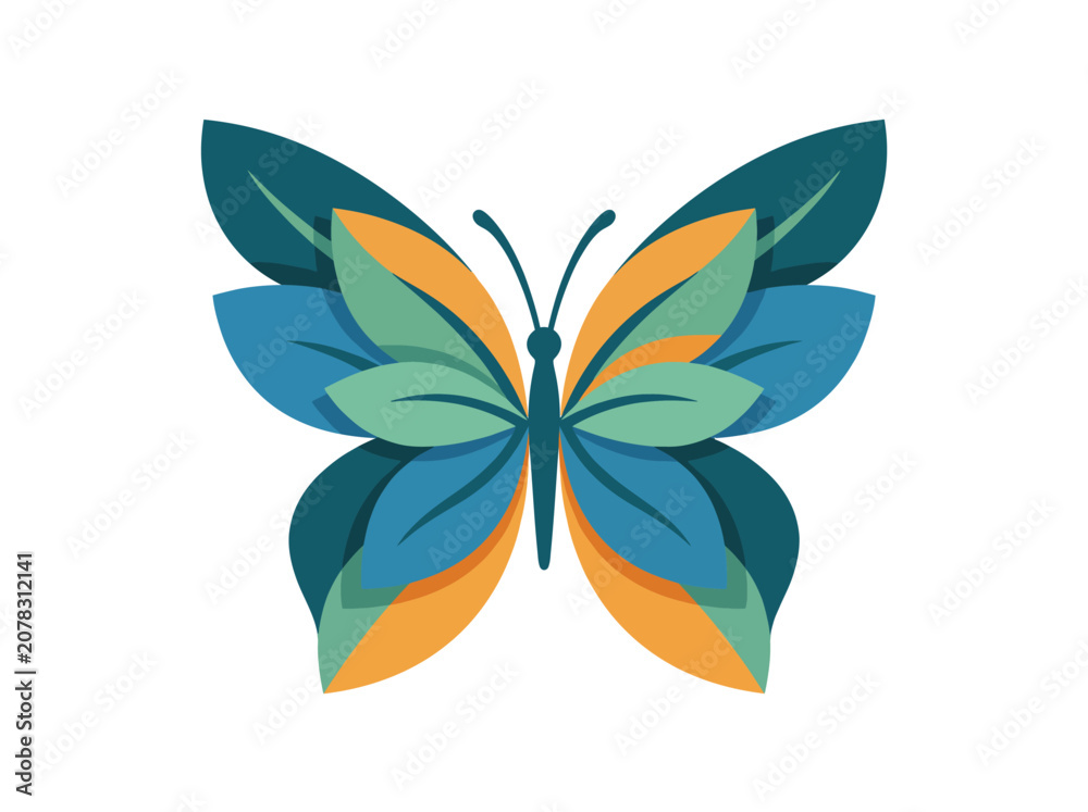 Fototapeta premium This vibrant butterfly artwork intricately designed with leafy elements symbolizes beauty, transformation, and nature's wonders, appealing to those who admire artistic and natural themes.