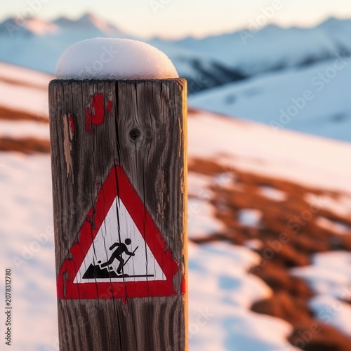 Winter Hiking Trail Sign Covered In Snow With Mountain Background and Sunset