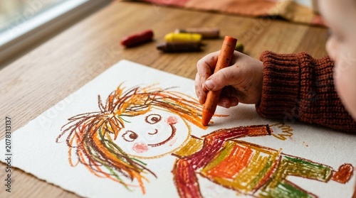 Toddler Hand Drawing Colorful Human Figure with Crayon on Paper for Creative Development and Early Childhood Education